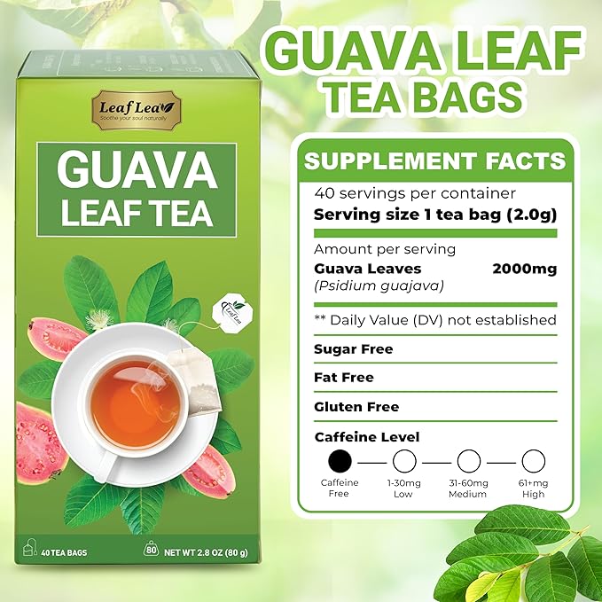 LeafLea 120 Guava Leaf Tea Bags, Premium Natural Herbal Tea, 100% Hojas De Guayaba, Caffeine-Free, Non-GMO, Supports Digestion & Immune Health, Packed with Natural Goodness