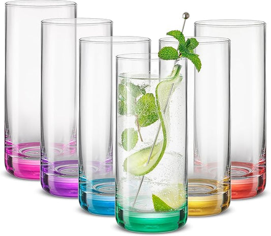JoyJolt Hue Highball Glasses Set of 6 Tall Drinking Glasses, 13oz Bourbon Whiskey Glass Cups Set, Mojito Glass Tumbler also for Tom Collins Cocktail or Water, Colored Glassware Sets