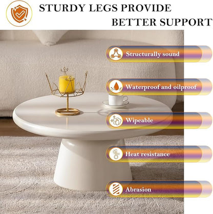 Chic Coffee Table with Smooth Fininsh & Stable Large Base, Minimalism Low Center Table for Farmhouse Living Room (J-Round)