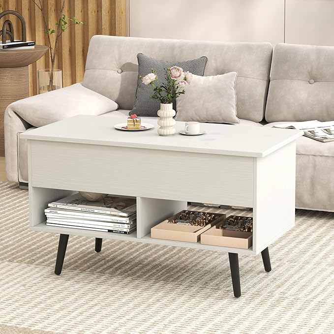 Tangkula Lift Top Coffee Table, Modern Cocktail Table with Hidden Compartment & 2 Open Shelves, Flip Top Center Table, Wooden Pull up Coffee Table for Living Room, Reception Room, Office (White)