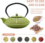 Load image into Gallery viewer, Cast Iron Teapot,SECHUDO Tea Kettle Coated with Enameled Interior for Loose Tea,Cast Iron Teapot with Stainless Steel Infuser for Stovetop Safe (27.1oz Flat Dragonfly Pattern)