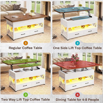 Itaar 40" Lift Top Coffee Table, 4 in 1 White Coffee Tables with Storage for Living Room, Small Coffee Table with 2 Drawers & LED Light for Dining Room, White and Rustic Brown