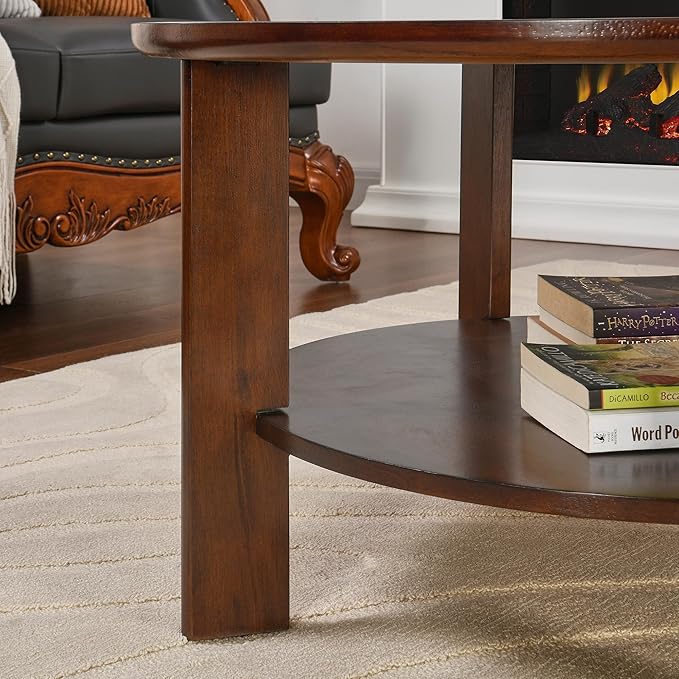 MODERION Round Tray Top Coffee Table with Storage Shelf, Farmhouse Wood Cocktail Tables, Living Room Center Tea Table-, 31.9" Dia x 17.7" H, Easy Assembly Dark Cherry Red YKFZ-D0036-DCR