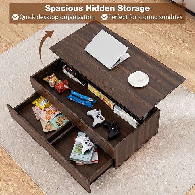 HOMMPA Lift Top Coffee Table with LED Light Morden Coffee Table with Storage High Gloss Walnut Coffee Table for Living Room Tea Table with Storage Center Tables Hidden Compartment & 2 Drawers