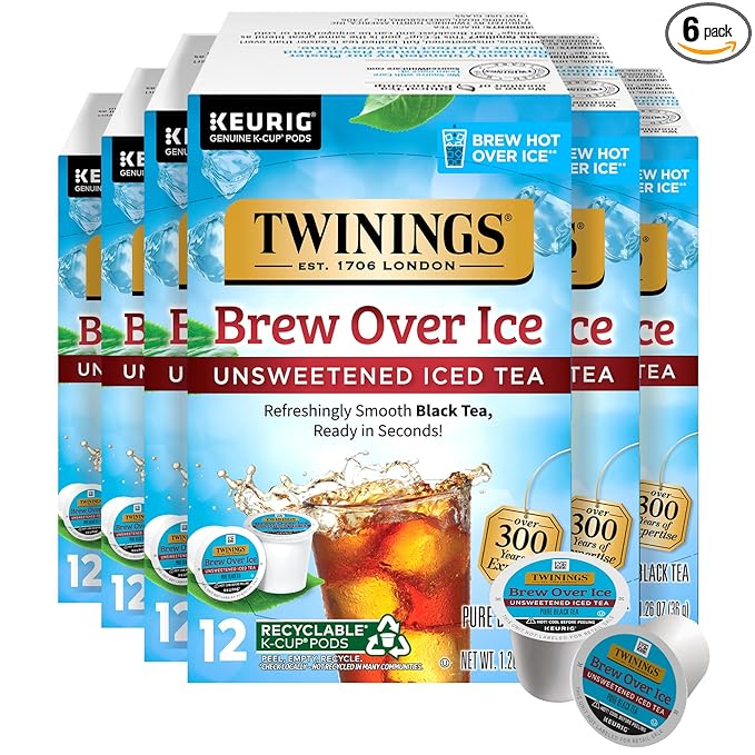 Twinings Brew Over Ice Unsweetened Peach Black Iced Tea 72 K-Cup Pods for Keurig, 12 Count (Pack of 6), Caffeinated