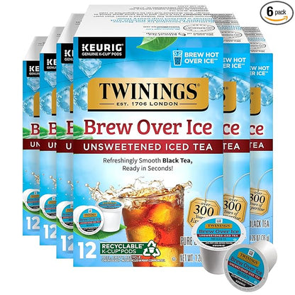 Twinings Brew Over Ice Unsweetened Peach Black Iced Tea 72 K-Cup Pods for Keurig, 12 Count (Pack of 6), Caffeinated