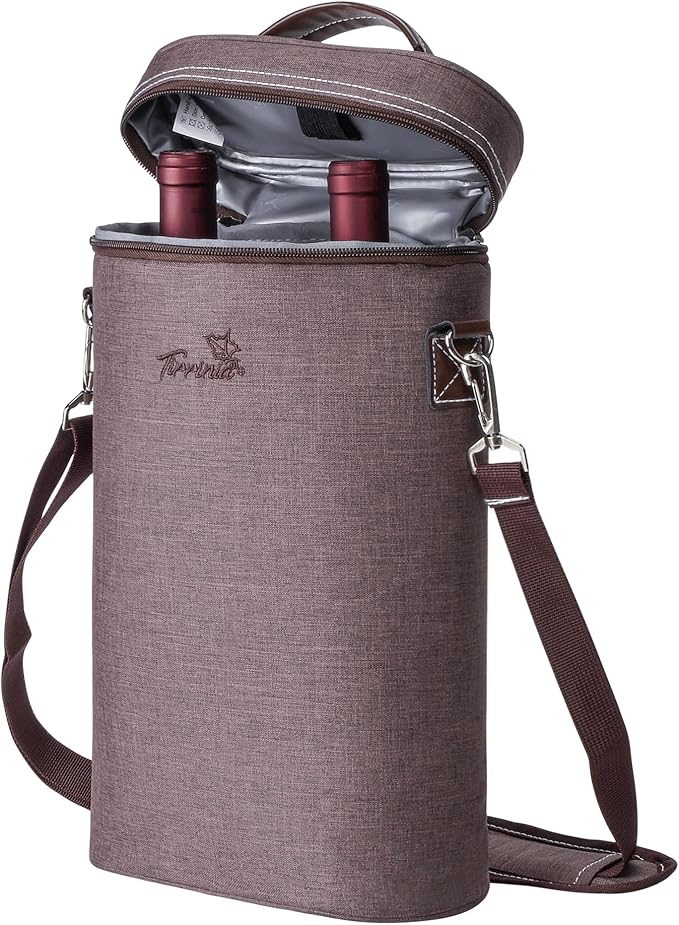 Tirrinia 2 Bottle Wine Gift Tote Carrier - Leakproof & Insulated Padded Versatile Wine Cooler Bag for Travel, BYOB Restaurant, Party, Dinner, Gift for Wine Lovers, Brown