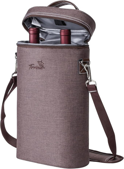 Tirrinia 2 Bottle Wine Gift Tote Carrier - Leakproof & Insulated Padded Versatile Wine Cooler Bag for Travel, BYOB Restaurant, Party, Dinner, Gift for Wine Lovers, Brown