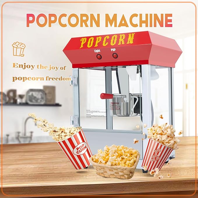 6OZ Popcorn Machine 丨 Stainless Steel Kettle Popcorn Maker for Home, Theater, Parties丨Grade Electric Popper, Red