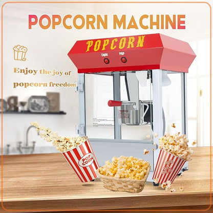 6OZ Popcorn Machine 丨 Stainless Steel Kettle Popcorn Maker for Home, Theater, Parties丨Grade Electric Popper, Red
