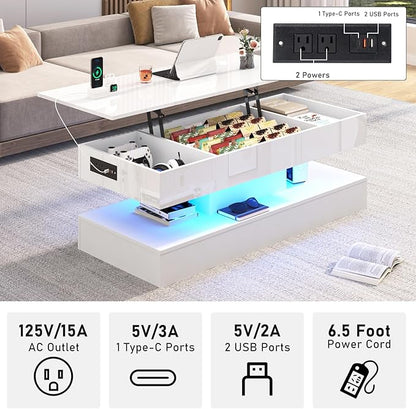 47.2" Large Lift Top Coffee Table,Modern High Glossy LED Coffee Tables for Living Room with Storage Drawer,White Living Room Tables for Livingroom,Dining Room,Bedroom Home Office(White)
