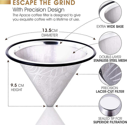 Compatible with Hario V60 Pour Over Coffee Filter - Wide Metal Base Reusable Stainless Steel Coffee Dripper - Paperless Coffee Filter for Sustainable Brewing