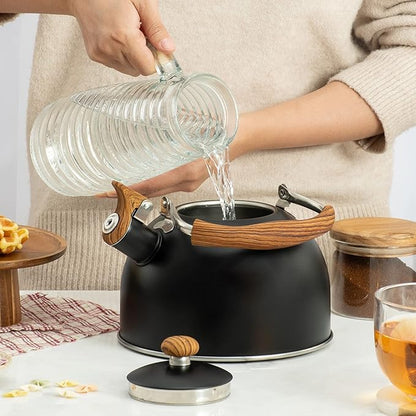 Whistling Tea Kettles with Wood Grain adjustment Nylon Handle, 2.3 Quart Capacity with Capsule Base Tea Kettle, Black