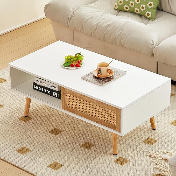 Mid Century Modern Coffee Table with Storage, 41.3 Inch Rectangle Wooden Accent Center Sofa Table with Sliding PE Rattan Woven Door Panel and Solid Wood Legs, Suitable for Living Room, Apartment