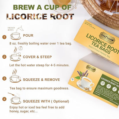 LeafLea 40 Premium Licorice Root Tea Bags, 100% Pure Licorice Spice Tea, Herbal Infusion to Digestive Comfort & Promote Respiratory Health, Te De Regaliz, Caffeine-Free, Sugar-Free, Soothing Flavor