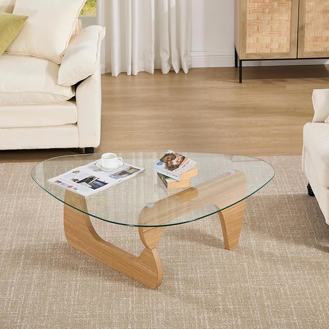 Modern Triangle Coffee Table, 44.5'x32'x16.5', Transparent Glass Top, Walnut Base