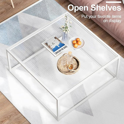 Glass Coffee Table Square Coffee Table for Small Space,Modern Minimalist Center Table for Living Room Home Office,Tempered Glass-top with Sturdy Metal Frame,Easy Assembly,27 x 27In, White