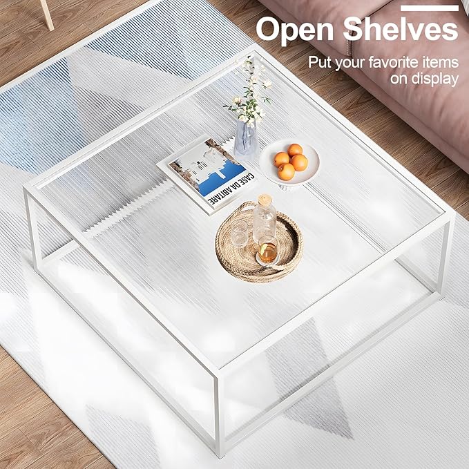Glass Coffee Table Square Coffee Table for Small Space,Modern Minimalist Center Table for Living Room Home Office,Tempered Glass-top with Sturdy Metal Frame,Easy Assembly,27 x 27In, White