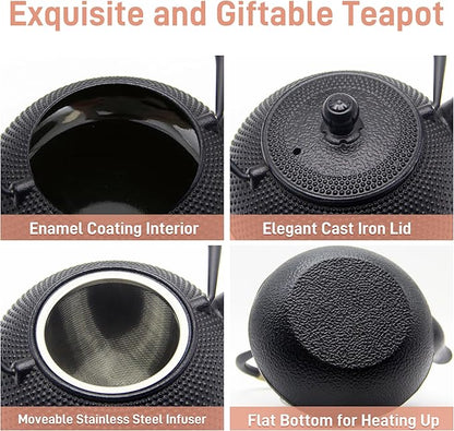 Japanese Tetsubin Cast Iron Teapot Tea Kettle pot with Stainless Steel Infuser for Stovetop Safe Coated with Enameled Interior (Black, 27.1oz)