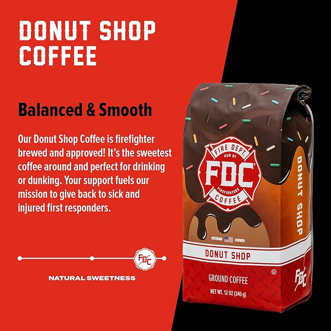 Fire Department Coffee - Gives Back to Firefighters - Sweet & Smooth Donut Shop Ground Coffee - Medium Roast - Roasted in the USA - Veteran Owned - 12 oz