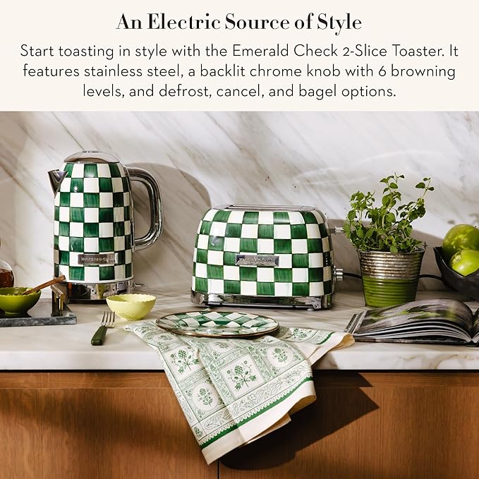MACKENZIE-CHILDS 2-Slice Toaster, Decorative Toaster for Kitchen, Green-and-White Emerald Check