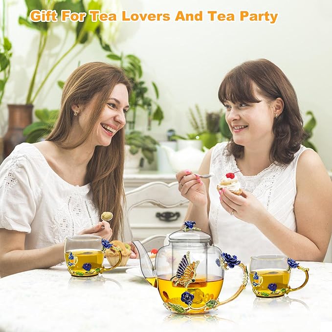 46oz/1300ml Enamel Glass Teapot With Rose Flower Butterfly And Gold Edge,Blue Rose Teapot With Infuser And Lid For Mom,Women,Mother,Birthday