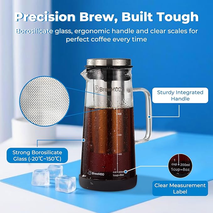 BrewMOO- Airtight Cold Brew Coffee Maker Pitcher, 1.0L/34Oz Thick Glass Carafe with Filter, Comfort Sturdy Handle & Wide Spout, Non-Slip Base | Iced Tea Maker (Black)