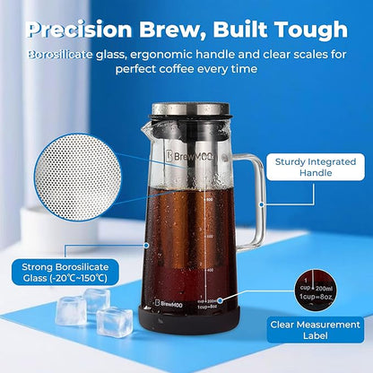 BrewMOO- Airtight Cold Brew Coffee Maker Pitcher, 1.0L/34Oz Thick Glass Carafe with Filter, Comfort Sturdy Handle & Wide Spout, Non-Slip Base | Iced Tea Maker (Black)