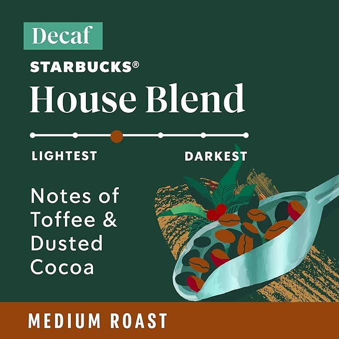 Starbucks K-Cup Coffee Pods, Medium Roast Coffee, Decaf House Blend for Keurig Coffee Makers, 100% Arabica, 1 box (22 pods)