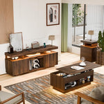 Load image into Gallery viewer, HOMMPA LED Lift Top Coffee Table and TV Stand Set of 2,Modern LED Entertainment Center with Power Outlets for up to 70" TV, Coffee Table with Hidden Compartment &amp; 2 Open Shelve Walnut