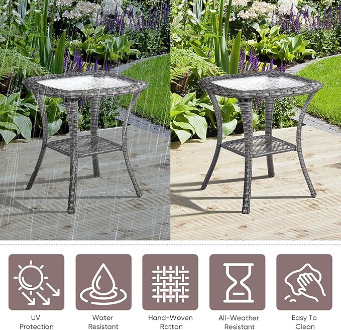 Patio Wicker Side Table, Outdoor PE Rattan End Table with 5mm Tempered Glass Top and 2-Tier Storage Shelf, 20" Square Coffee Table for Deck Porch Garden Backyard-Grey