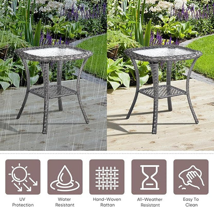 Patio Wicker Side Table, Outdoor PE Rattan End Table with 5mm Tempered Glass Top and 2-Tier Storage Shelf, 20" Square Coffee Table for Deck Porch Garden Backyard-Grey