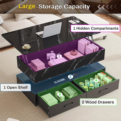 SEDETA 40" Lift Top Coffee Table, Coffee Tables with Storage for Living Room, Small Coffee Table with 2 Drawers & LED Light for Dining Reception Room, Black Marble