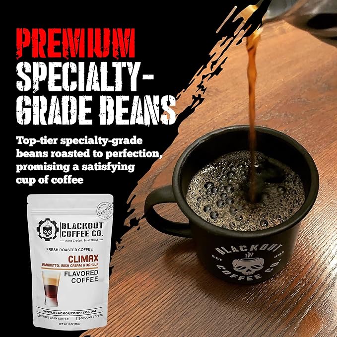 Blackout Coffee Climax Amaretto, Irish Cream & Kahlua Flavored Ground Coffee – Medium Roast, Smooth Taste, Guilt-Free Indulgence – Freshly Roasted 12oz Bag.