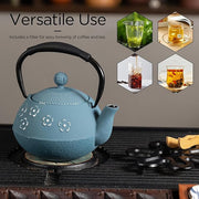 Cast iron Teapot, Tea Kettle for Stovetop Safe with Stainless Steel Infuser, Japanese Hand-made Plum Blossom Design Tea Pot Coated with Enameled Interior for 28oz, 800ml Blue