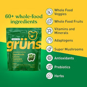 Gruns Adult Sugar-Free Super Greens Gummies, Superfood Gummy Bears with Spirulina, Chlorella, Fiber & Prebiotics for Digestive Health, Adaptogens Supplement with 20 Vitamins & Minerals, 28 Packets