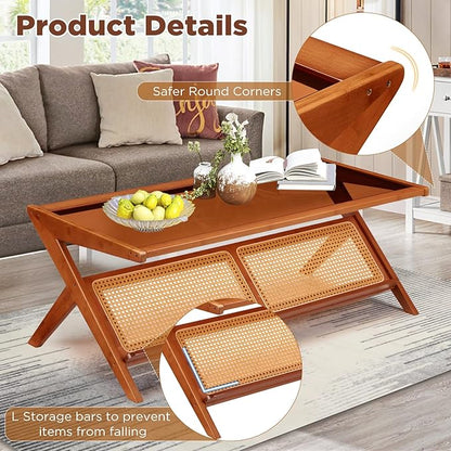 47" Mid-Century Modern Coffee Table with Glass Top, Bamboo Accent Bedside Tables, Glass Nightstand Side Table and Boho Wooden End Table with Storage for Living Room Table Brown