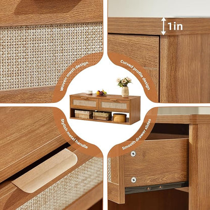 LEYAOYAO 48" Farmhouse Boho Rattan Coffee Table with 2 Woven Drawers,Rectangular Coffee Tables with Hidden Storage Compartment,Curved Profile Design,Wooden Center Table for Living Room,Office,Brown