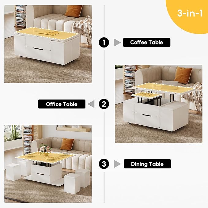 homary White Lift Top Coffee Table with Hidden Storage, 3 in 1 Multi-Function Modern Folding Center Table with 4 Stools and Casters