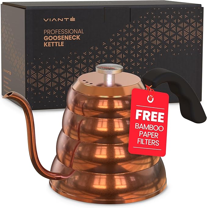 Vianté Gooseneck Stovetop Pour Over Coffee Kettle with Thermometer for Drip Coffee and Tea. Premium Copper Stainless Steel. 40 fl oz. All Coocktops.
