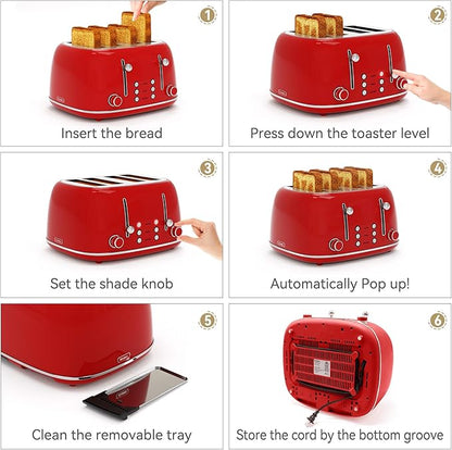 Toaster 4 Slice, Retro Stainless with 6 Bread Shade Settings,1.5''Wide Slots Toaster with Cancel/Defrost/Reheat,Dual Independent Control Panel(Red)