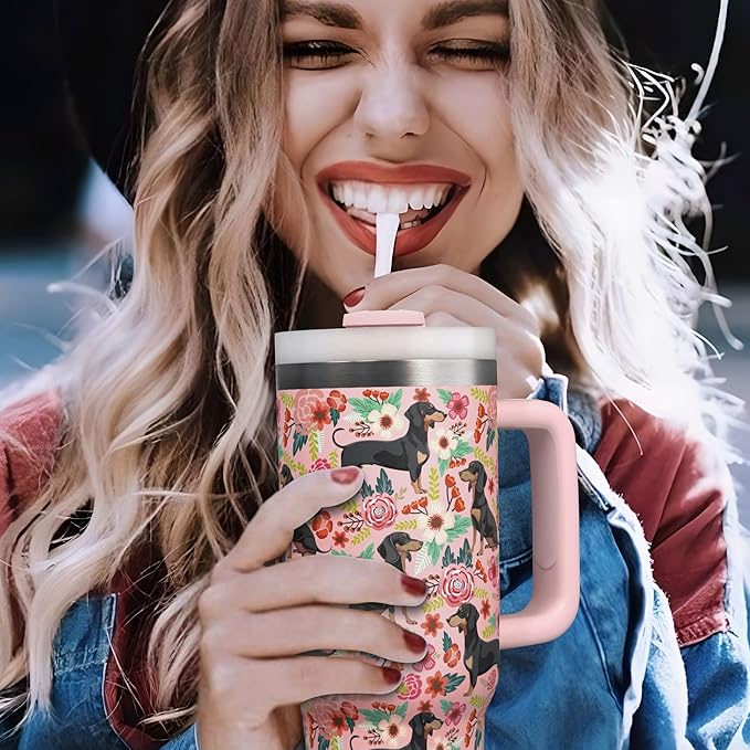 Dachshund Gifts for Women and Dachshund Lovers - 30 Oz Insulated Dachshund Coffee Water Tumbler with Handle and Straw - Dachshund Coffee Mug - Dachshund Drinking Cup Women