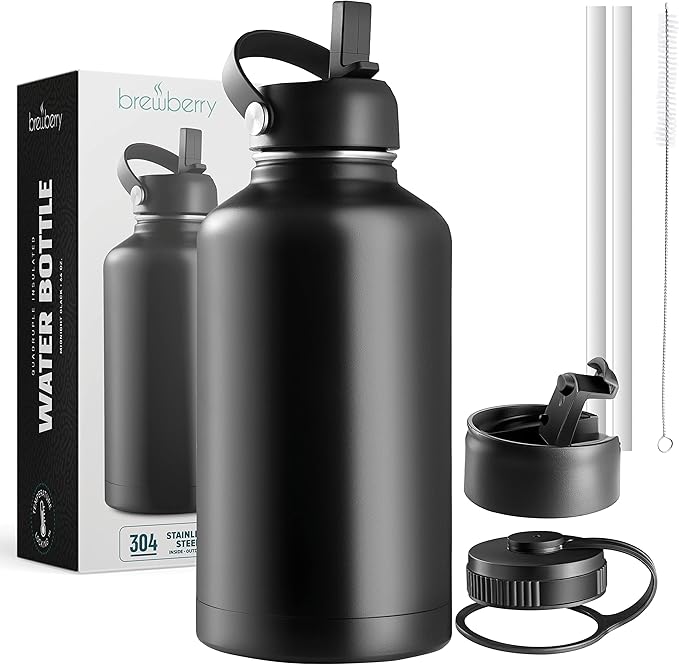 Stainless Steel Insulated Water Bottle and Travel Mug for Hot and Cold Beverages, Wide Mouth, Double Wall Insulated Hydration Sports Water Bottle for Hiking, Biking, Outdoor, 64 OZ BPA Free