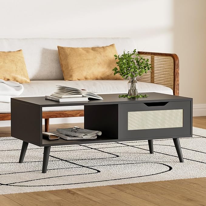 Black Rattan Coffee Table, Mid Century Modern with Drawer & Shelf, 39'' Wooden Boho Coffee Table for Living Room