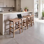 Load image into Gallery viewer, Alaterre Furniture Durango 26-Inch Industrial Wood Counter-Height Stools – Set of 2 Rustic Saddle Seat Bar Stools - Vintage Style with Light or Dark Lacquer Finish for Kitchen Island or Home Bar