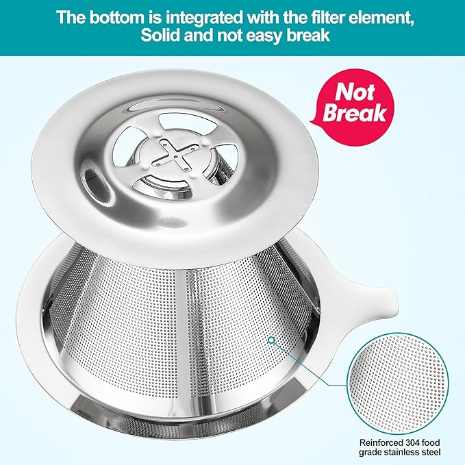 Pour Over Coffee Dripper, Slow Drip Paperless Coffee Filter, Stainless Steel Pour Over Coffee Maker for Single Cup Brew, Double Mesh Design of Manual Reusable Cone Filter.