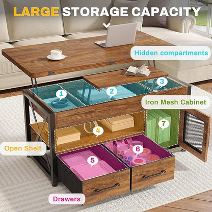 Itaar 40" Lift Top Coffee Table, 4 in 1 Coffee Tables with Storage Cabinet for Living Room, Small Farmhouse Coffee Table with 2 Fabric Drawers & LED Light for Dining Room, Rustic Brown