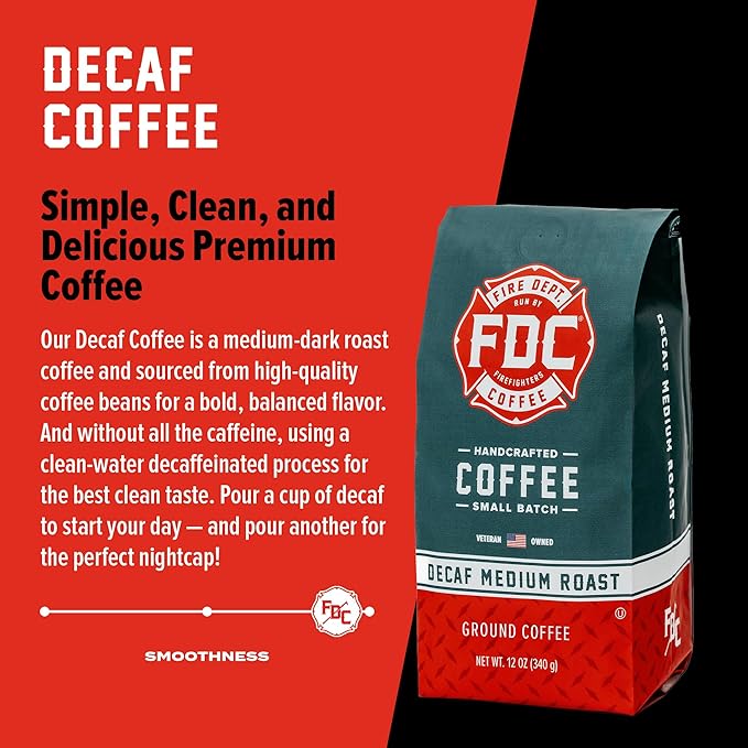 Fire Department Coffee - Gives Back to Firefighters - Premium Decaf Ground Coffee - Roasted in the USA - Decaffeinated Using Natural Mountain Water - Veteran Owned - 12 oz