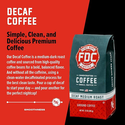 Fire Department Coffee - Gives Back to Firefighters - Premium Decaf Ground Coffee - Roasted in the USA - Decaffeinated Using Natural Mountain Water - Veteran Owned - 12 oz