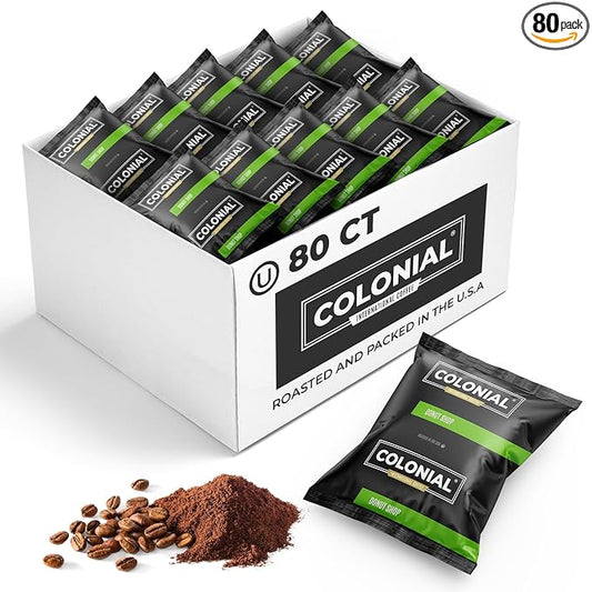 Colonial Coffee 80 Count Single Pot Coffee Packets – 100% Arabica Donut Shop Medium Roast | Pre-Measured Frac Packs for 12 Cup Maker | Bulk Ground Gourmet Coffee for Home & Office
